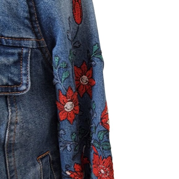 Jolt Size S Denim Jacket With Sherpa Lining and Floral Embroidery, Gently Used - Picture 3 of 12